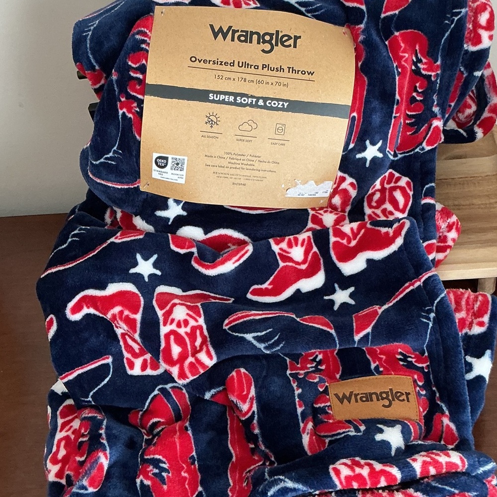 Wrangler Oversized Plush Throw Blanket with Attached Iconic Wrangler Leather Tab